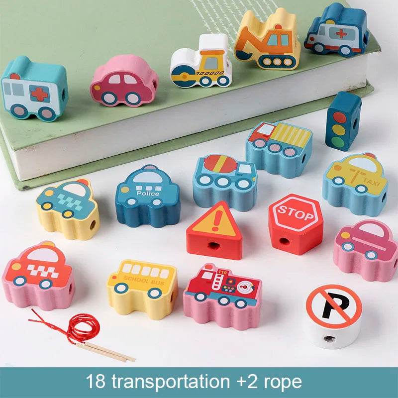 Kids Montessori Wooden Lacing Toy Diy Wooden Beads for Children Cartoon Animals Fruit Letter Digital Beads Threading Toys Gifts - ToylandEU