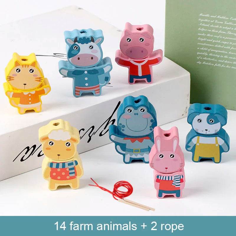 Kids Montessori Wooden Lacing Toy Diy Wooden Beads for Children Cartoon Animals Fruit Letter Digital Beads Threading Toys Gifts - ToylandEU