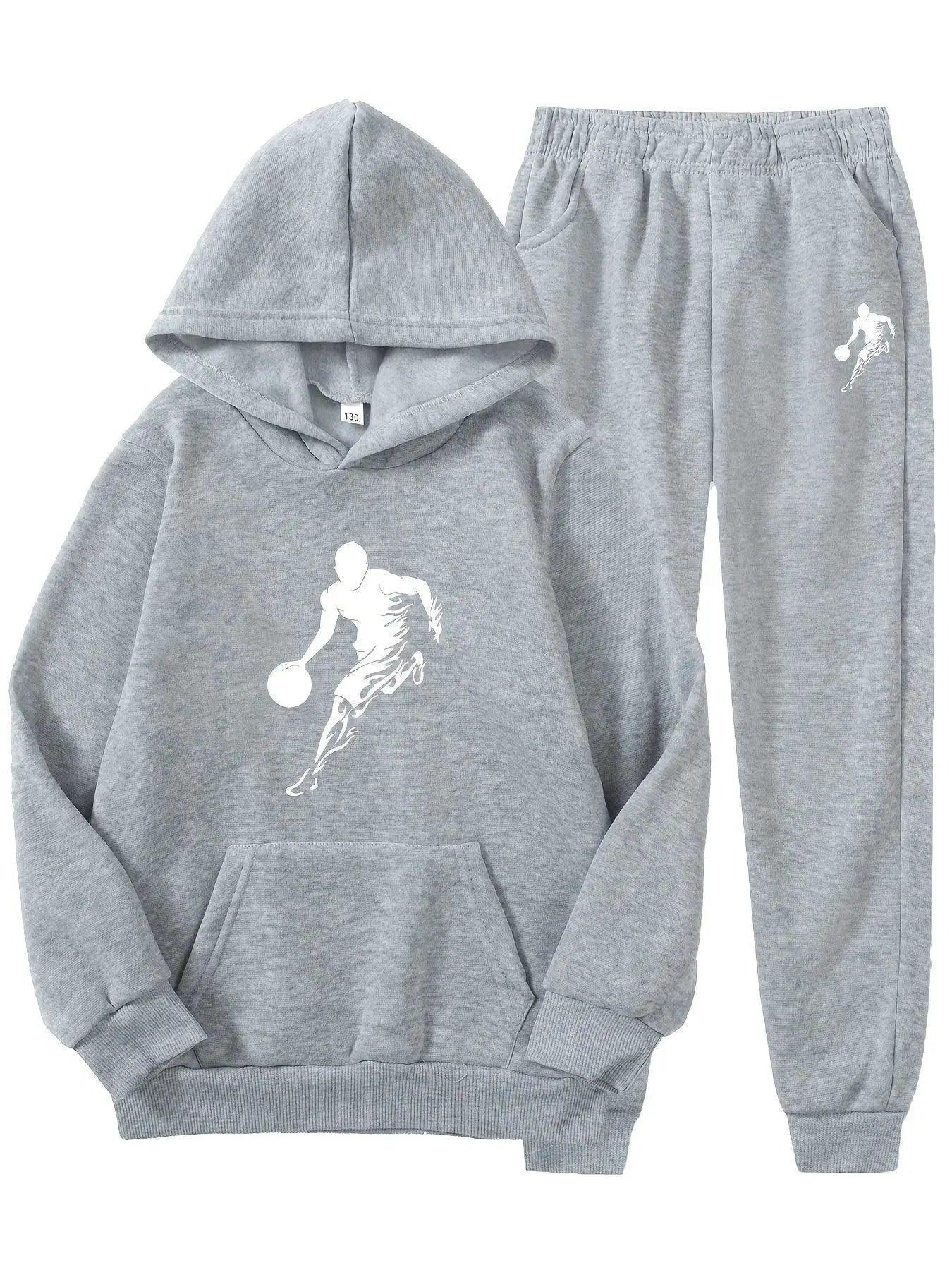  2-Piece Boy Basketball Player Graphic Sweatshirt with Hood + Pants, Cozy Casual Outdoor Set for Fall and Winter -  ToylandEU™
