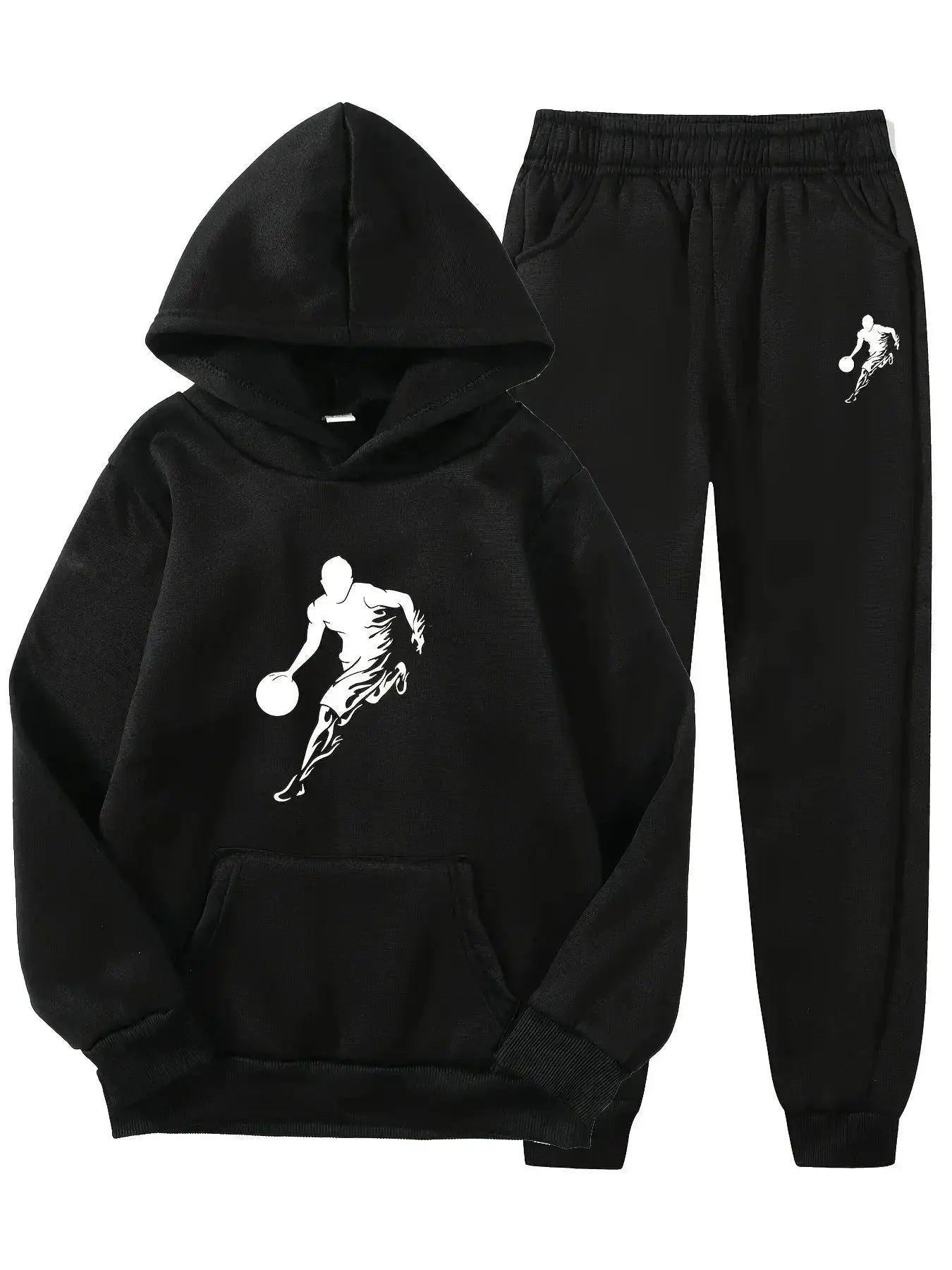  2-Piece Boy Basketball Player Graphic Sweatshirt with Hood + Pants, Cozy Casual Outdoor Set for Fall and Winter -  ToylandEU™