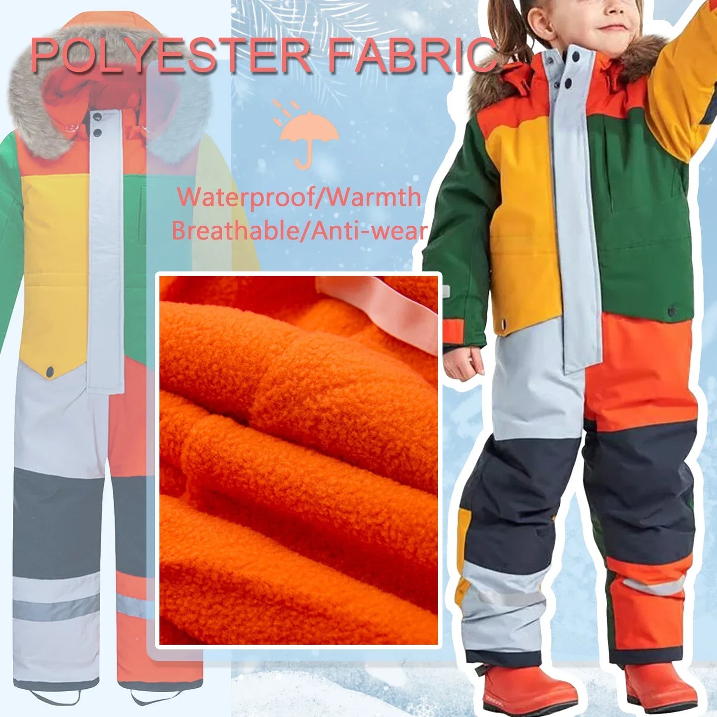 Kids Ski Suit One Piece Fur Hood Windproof Warm Winter - ToylandEU