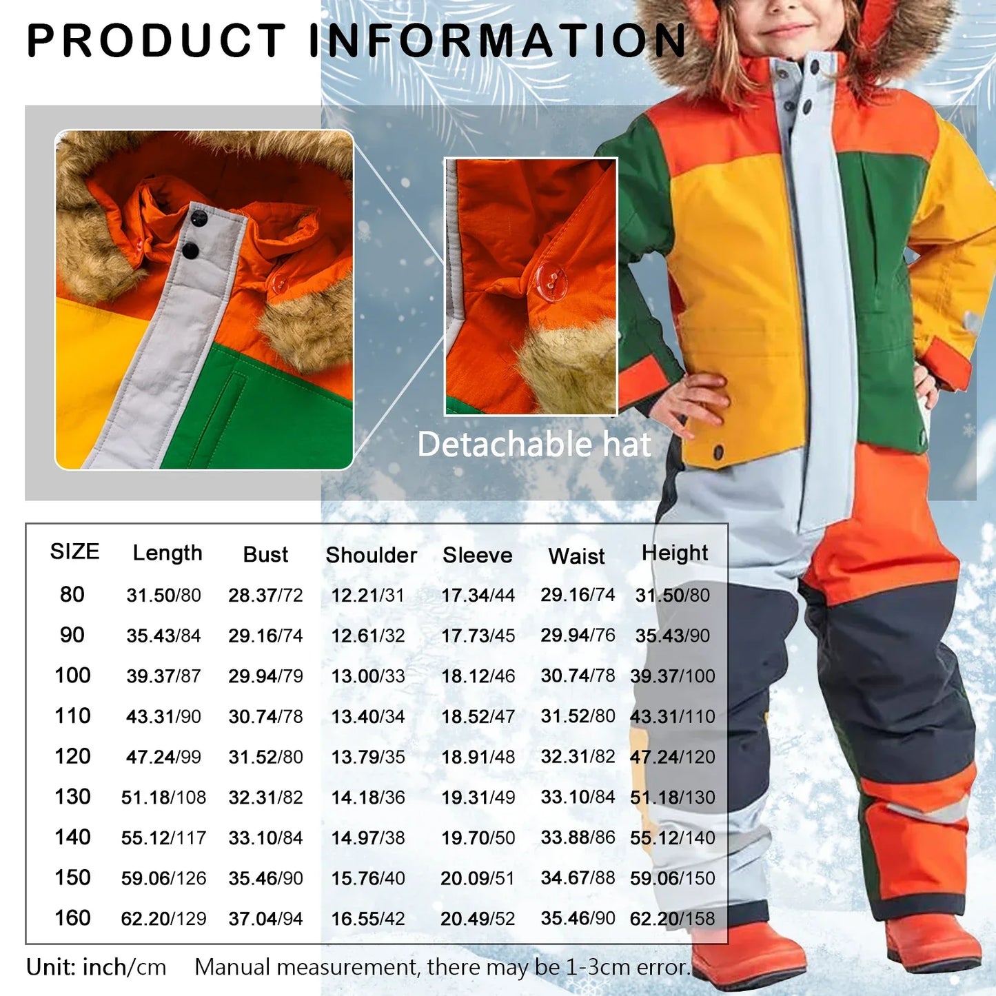 Kids Ski Suit One Piece Fur Hood Windproof Warm Winter - ToylandEU