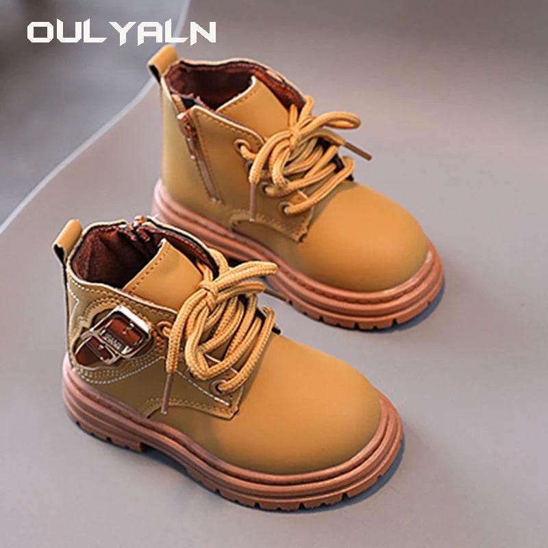 Kids' Trendy Leather Short Boots - Autumn Fashion for Boys and Girls, British Style Outdoor Anti-Slip Footwear - ToylandEU