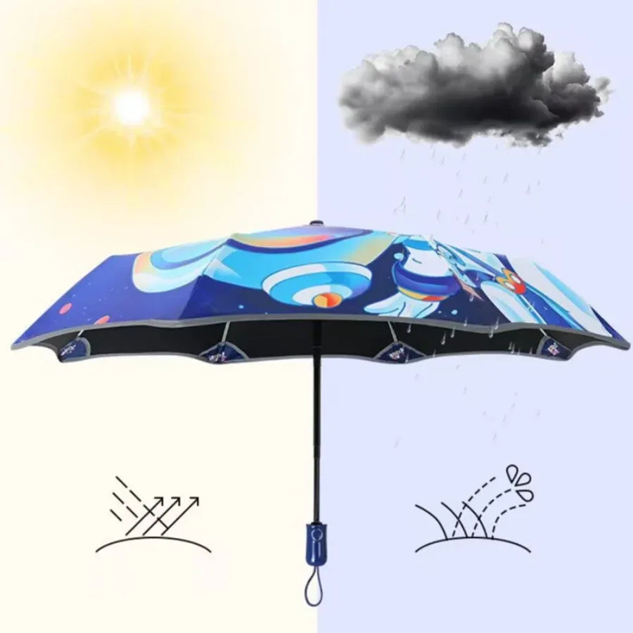 Kids Umbrella Cartoon Windproof Folding Reflective Dinosaur Astronaut - ToylandEU