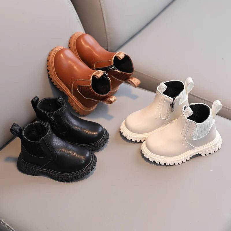 Kids Warm PU Leather Ankle Boots with Side Zipper - Anti-Slip Snow Shoes for Girls and Boys - ToylandEU