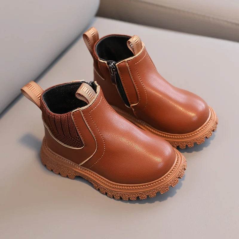 Kids Warm PU Leather Ankle Boots with Side Zipper - Anti-Slip Snow Shoes for Girls and Boys - ToylandEU