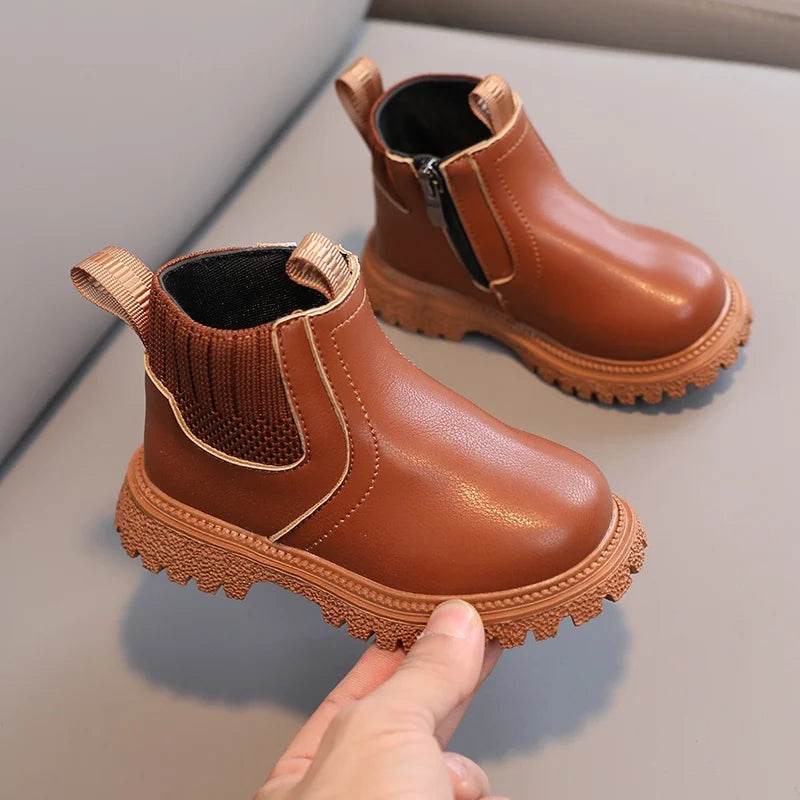 Kids Warm PU Leather Ankle Boots with Side Zipper - Anti-Slip Snow Shoes for Girls and Boys - ToylandEU