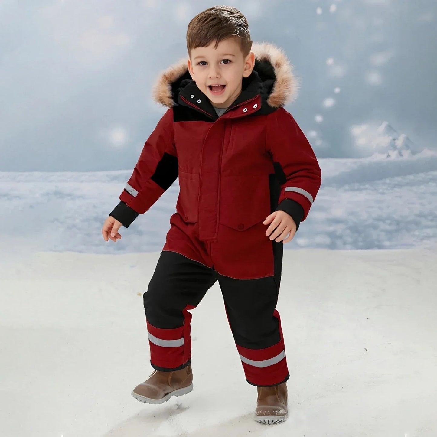 Kids Winter Ski Suit With Fur Hood Windproof Warmth Outdoor - ToylandEU