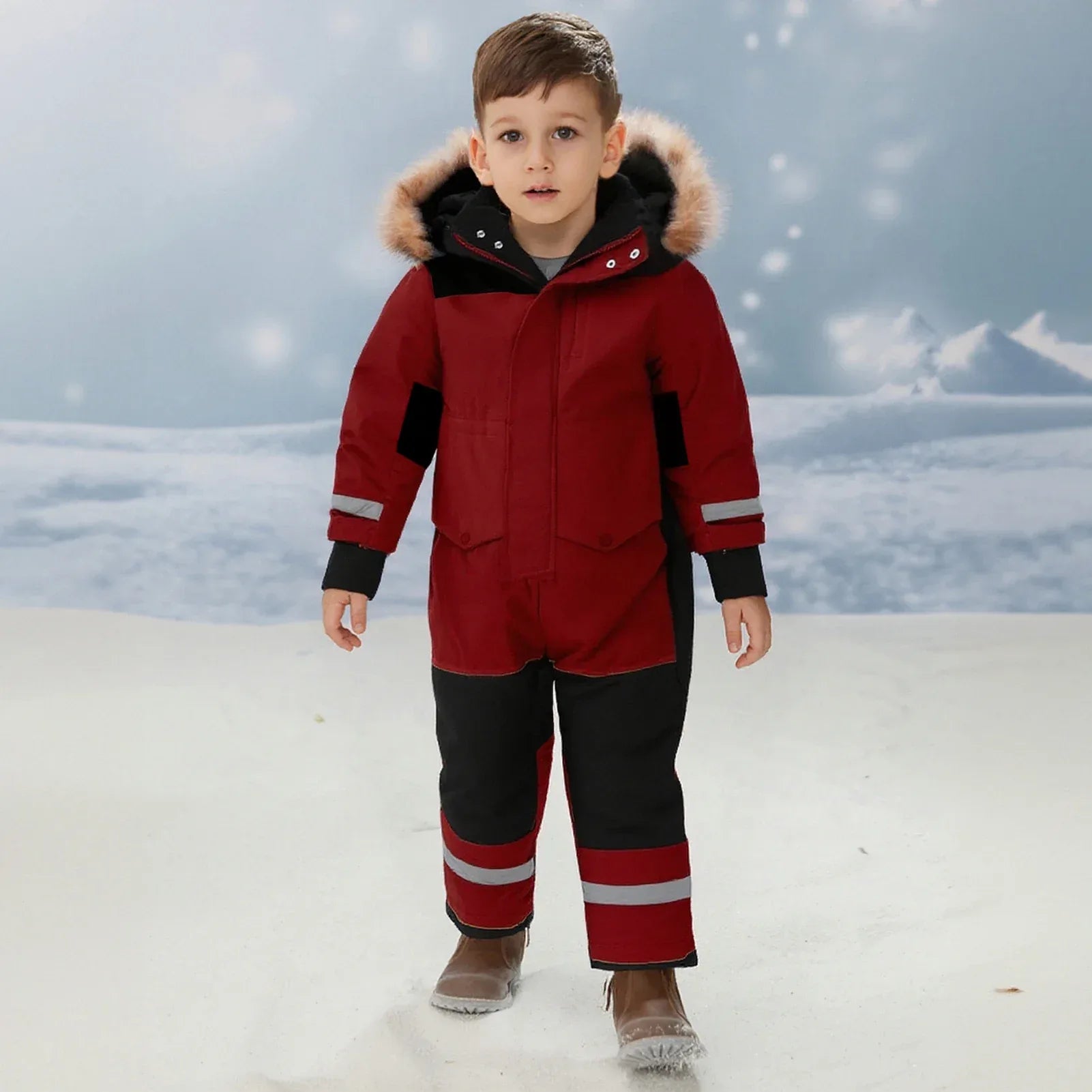 Kids Winter Ski Suit With Fur Hood Windproof Warmth Outdoor - ToylandEU
