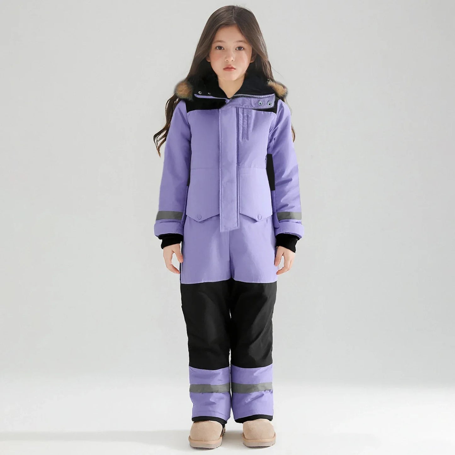 Kids Winter Ski Suit With Fur Hood Windproof Warmth Outdoor - ToylandEU