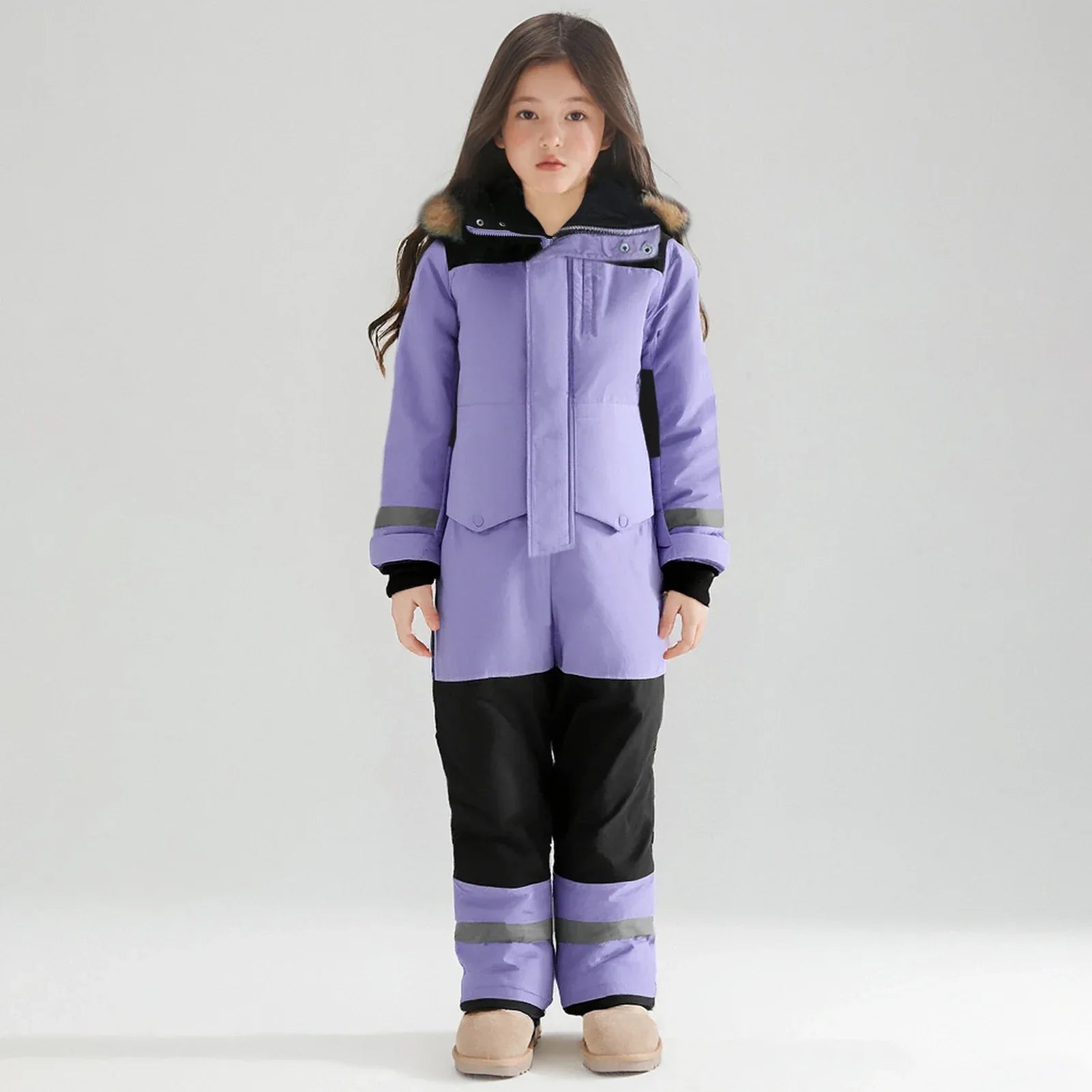 Kids Winter Ski Suit With Fur Hood Windproof Warmth Outdoor - ToylandEU