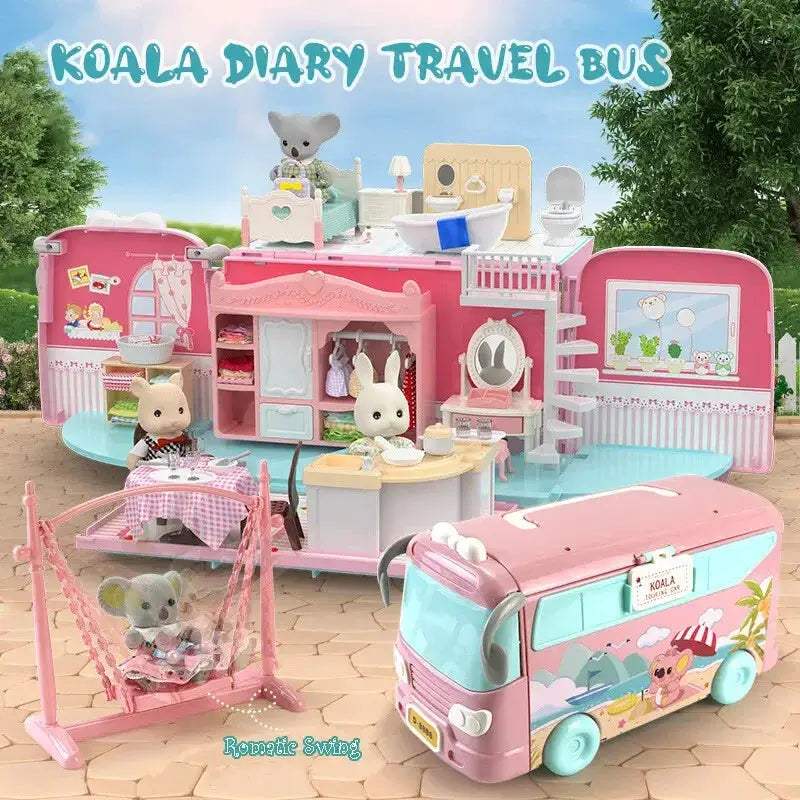 Koala Tour Bus Dollhouse Set With Miniature Play House - ToylandEU
