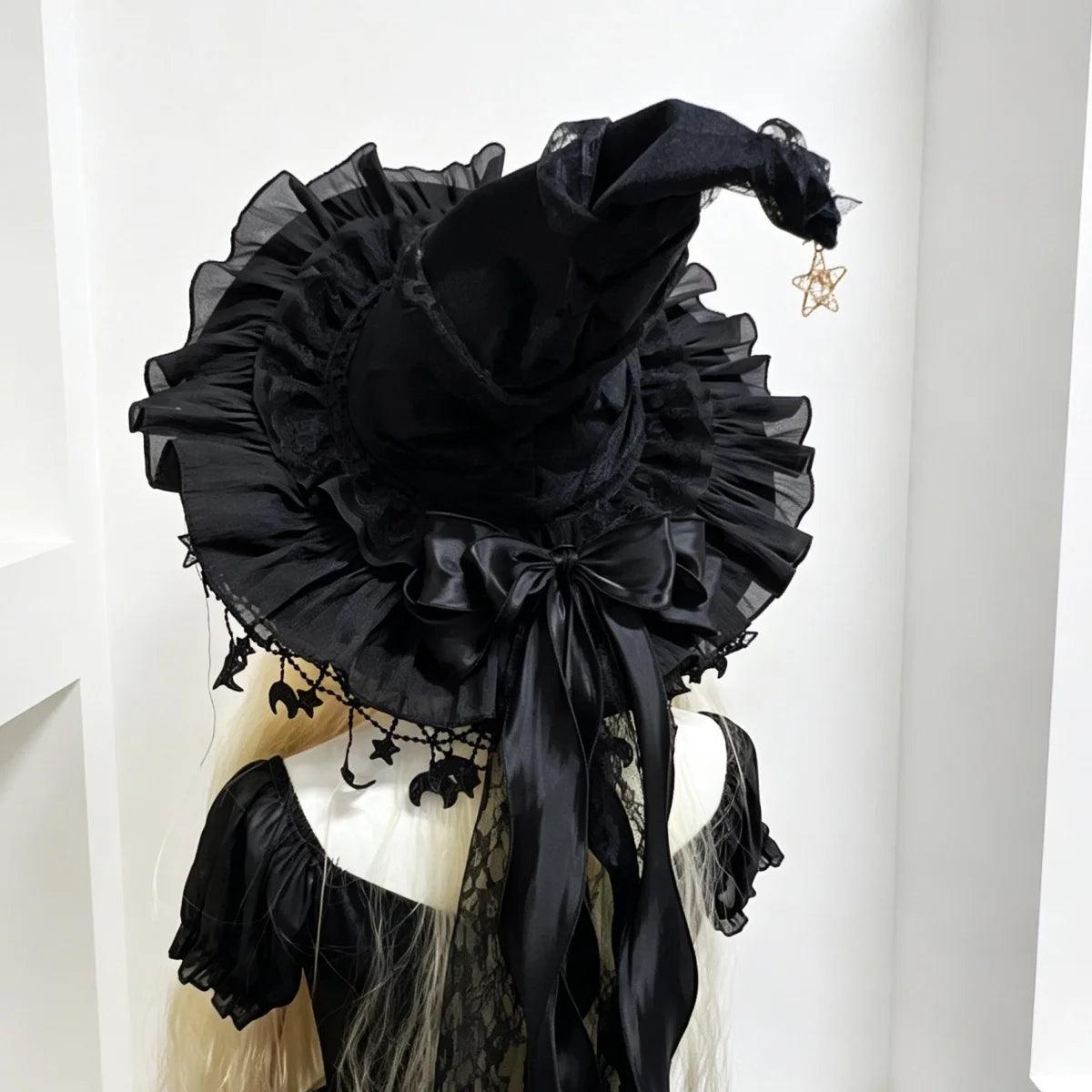 Lace Velvet Witch Hat | Moon Pendant Trim | Toylandeu™