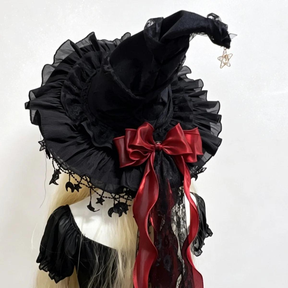 Lace Velvet Witch Hat | Moon Pendant Trim | Toylandeu™