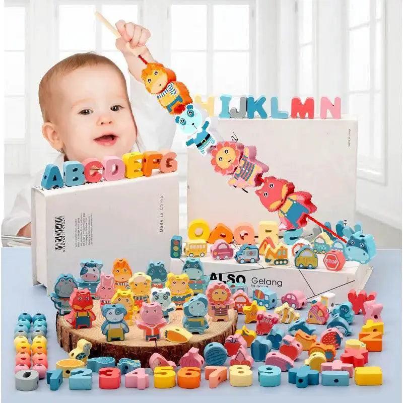  Kids Montessori Wooden Lacing Toy Bead Set For Children Cartoon Animals Fruit Letters Threading -  ToylandEU™