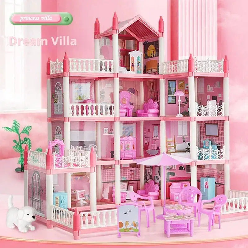 Large LED Dollhouse Castle With Dolls And Four Stories - ToylandEU