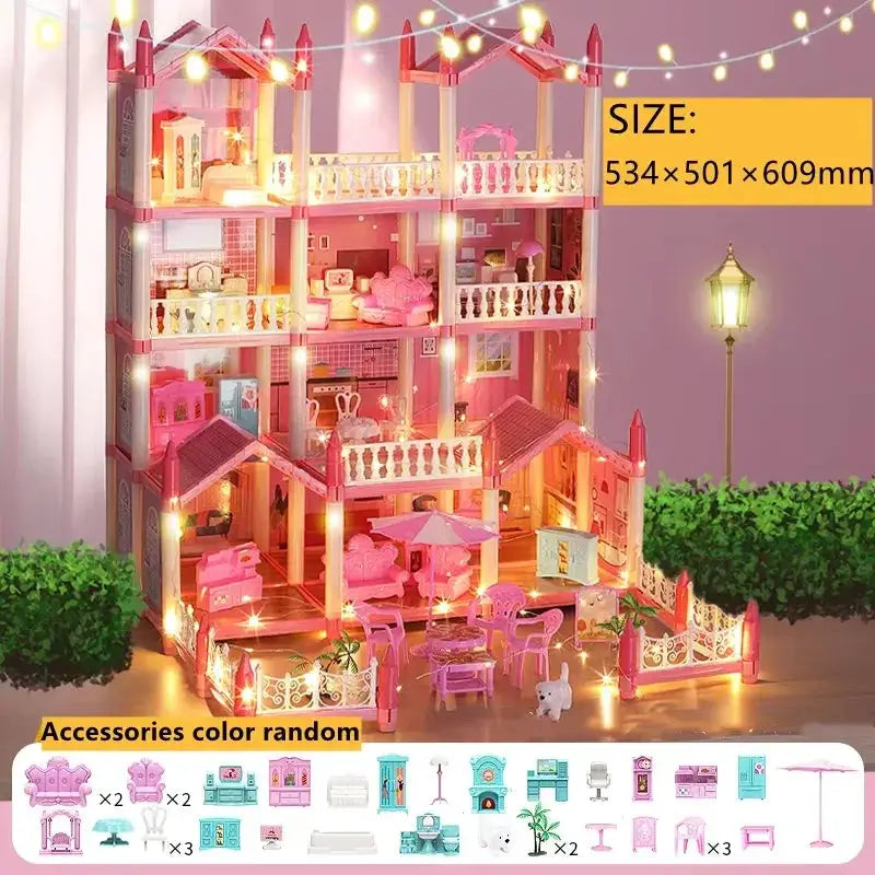 Large LED Dollhouse Castle With Dolls And Four Stories - ToylandEU