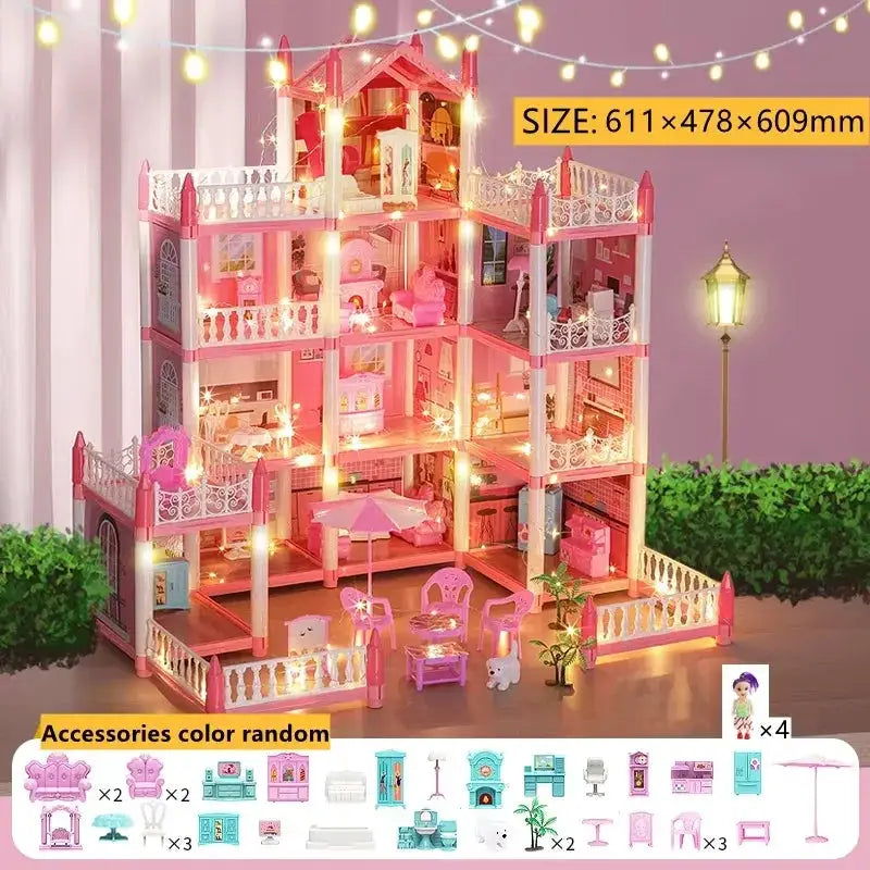 Large LED Dollhouse Castle With Dolls And Four Stories - ToylandEU