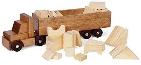 Large Semi Truck and Trailer Wooden Toy Set - with 30 Building Blocks - ToylandEU