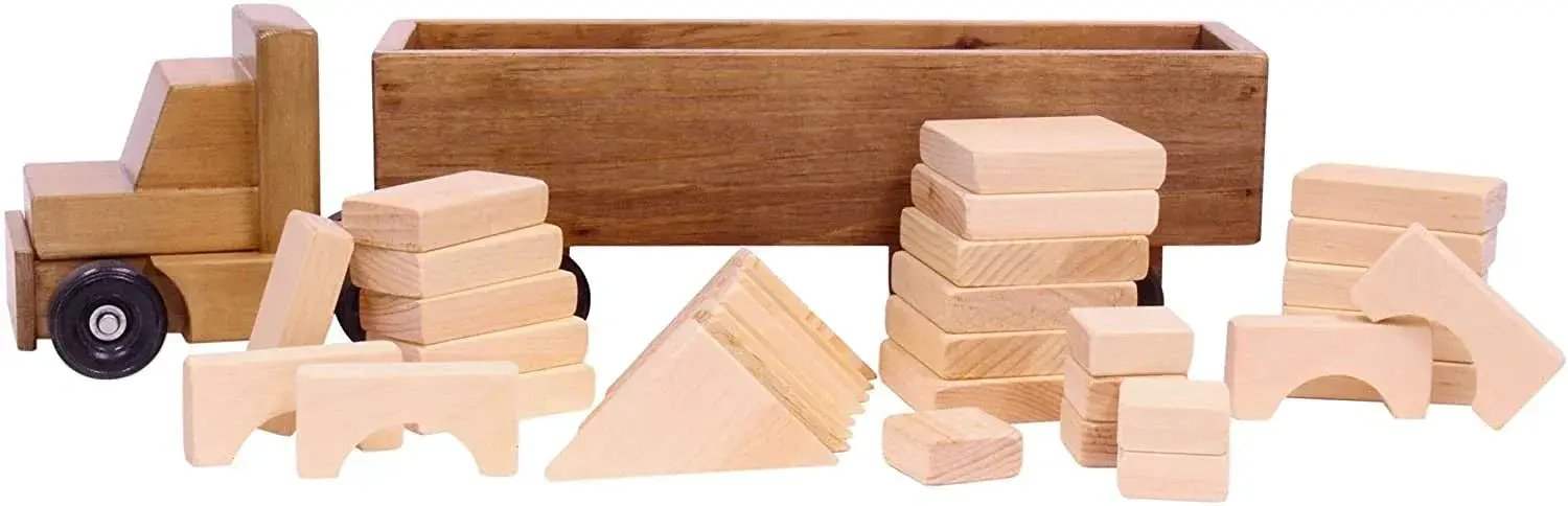 Large Semi Truck and Trailer Wooden Toy Set - with 30 Building Blocks - ToylandEU