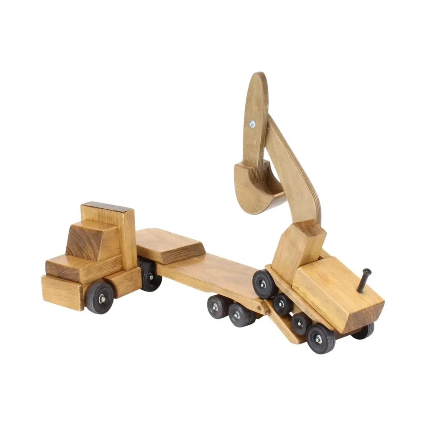 Large Wooden Toy Truck & Low Boy Flatbed Trailer with Excavator Set - ToylandEU