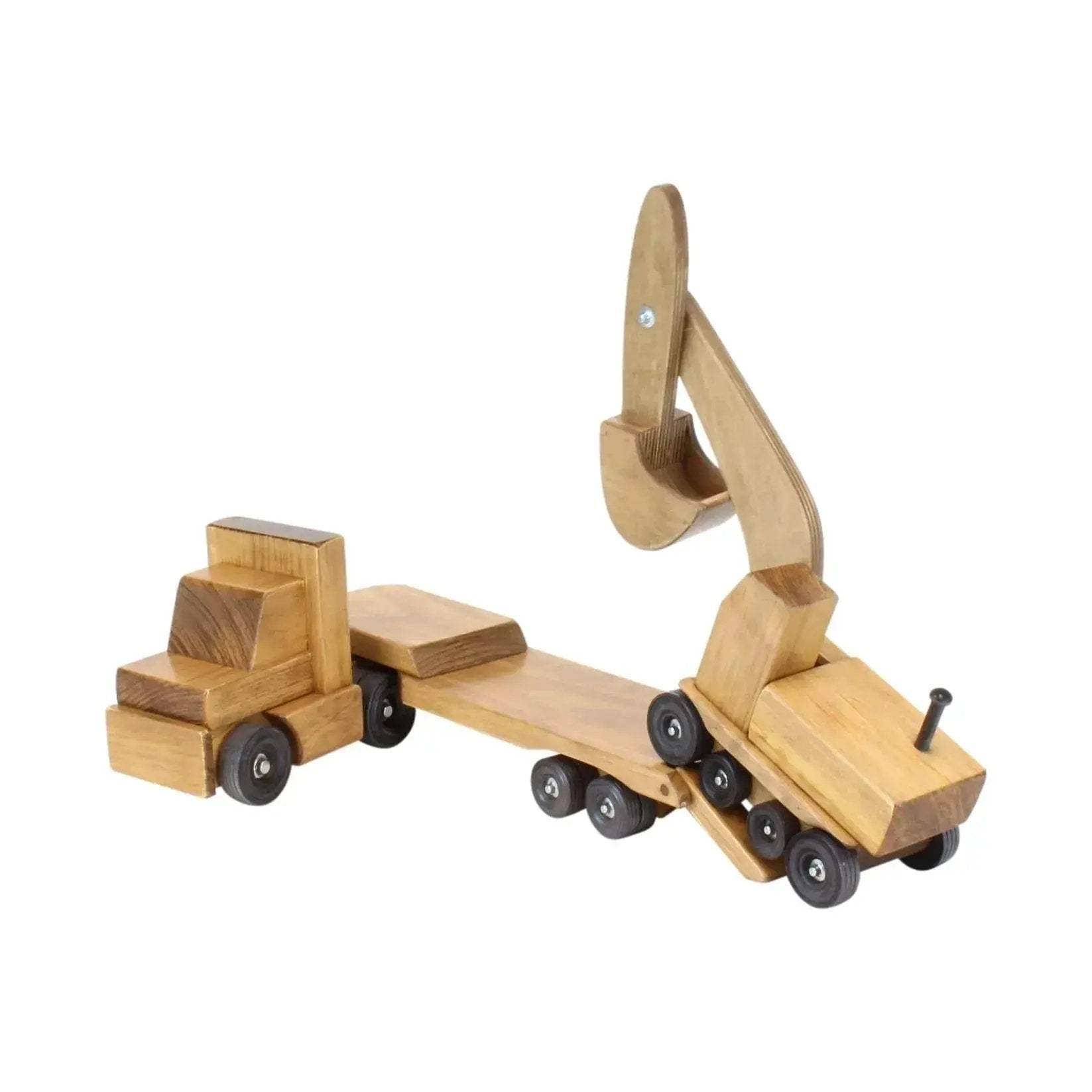Large Wooden Toy Truck & Low Boy Flatbed Trailer with Excavator Set - ToylandEU
