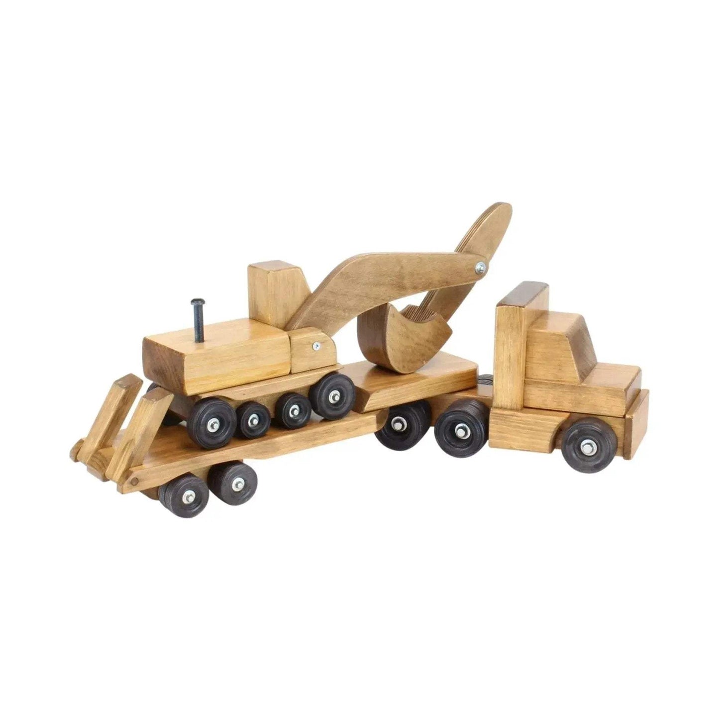 Large Wooden Toy Truck & Low Boy Flatbed Trailer with Excavator Set - ToylandEU
