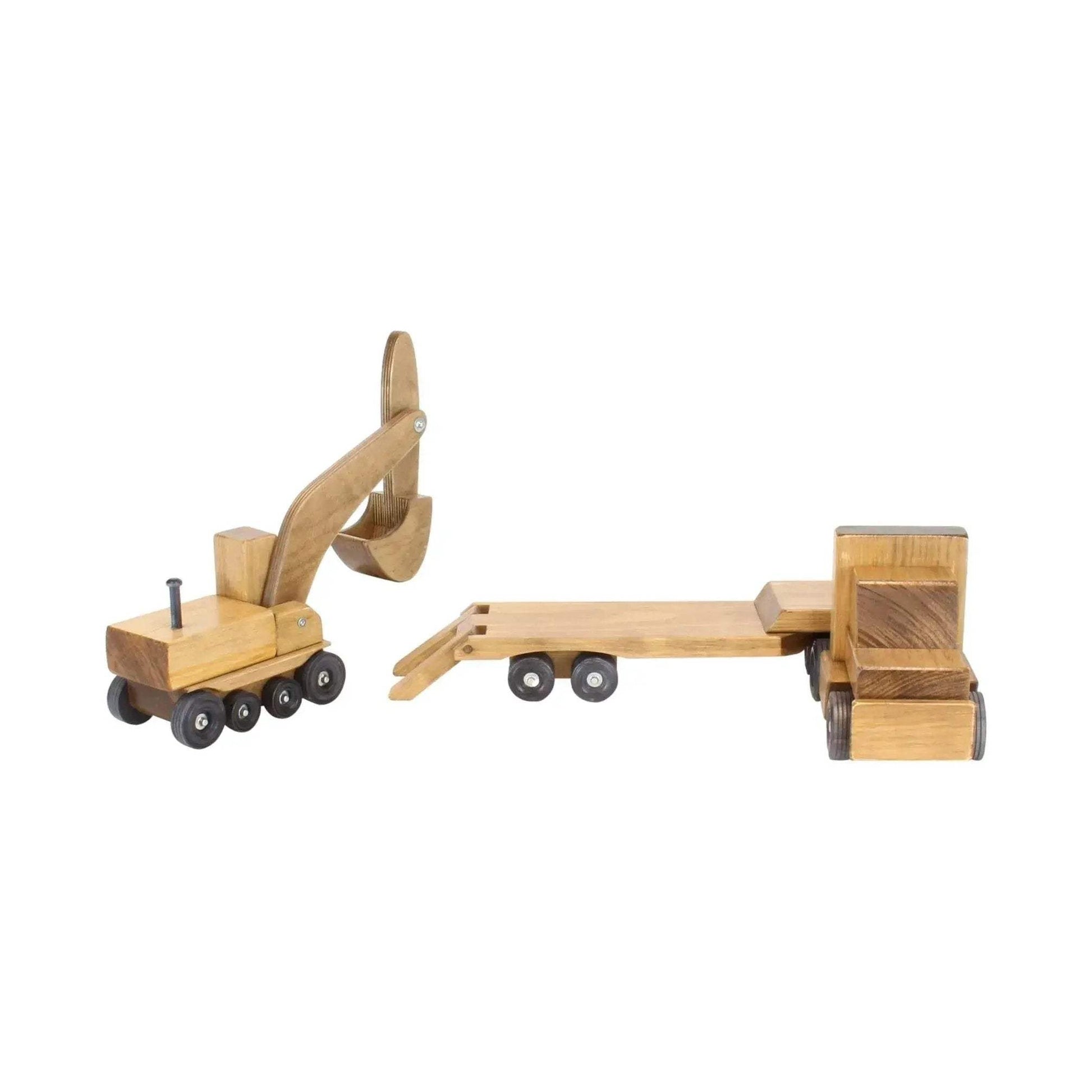 Large Wooden Toy Truck & Low Boy Flatbed Trailer with Excavator Set - ToylandEU
