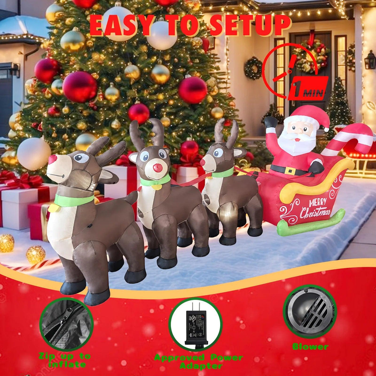 Led Inflatable Santa Sleigh | 9.8ft w/ 3 Reindeer | Toylandeu™