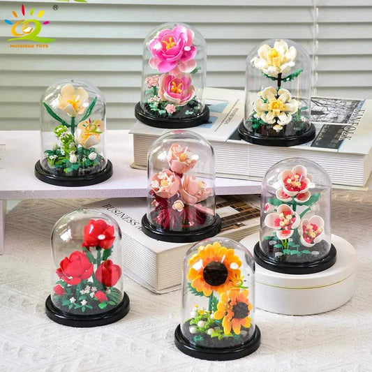 HUIQIBAO MOC Eternal Bouquet Display Box Micro Building Block Flower Model DIY Home Desk Plant Decoration Brick Toy For Children - ToylandEU