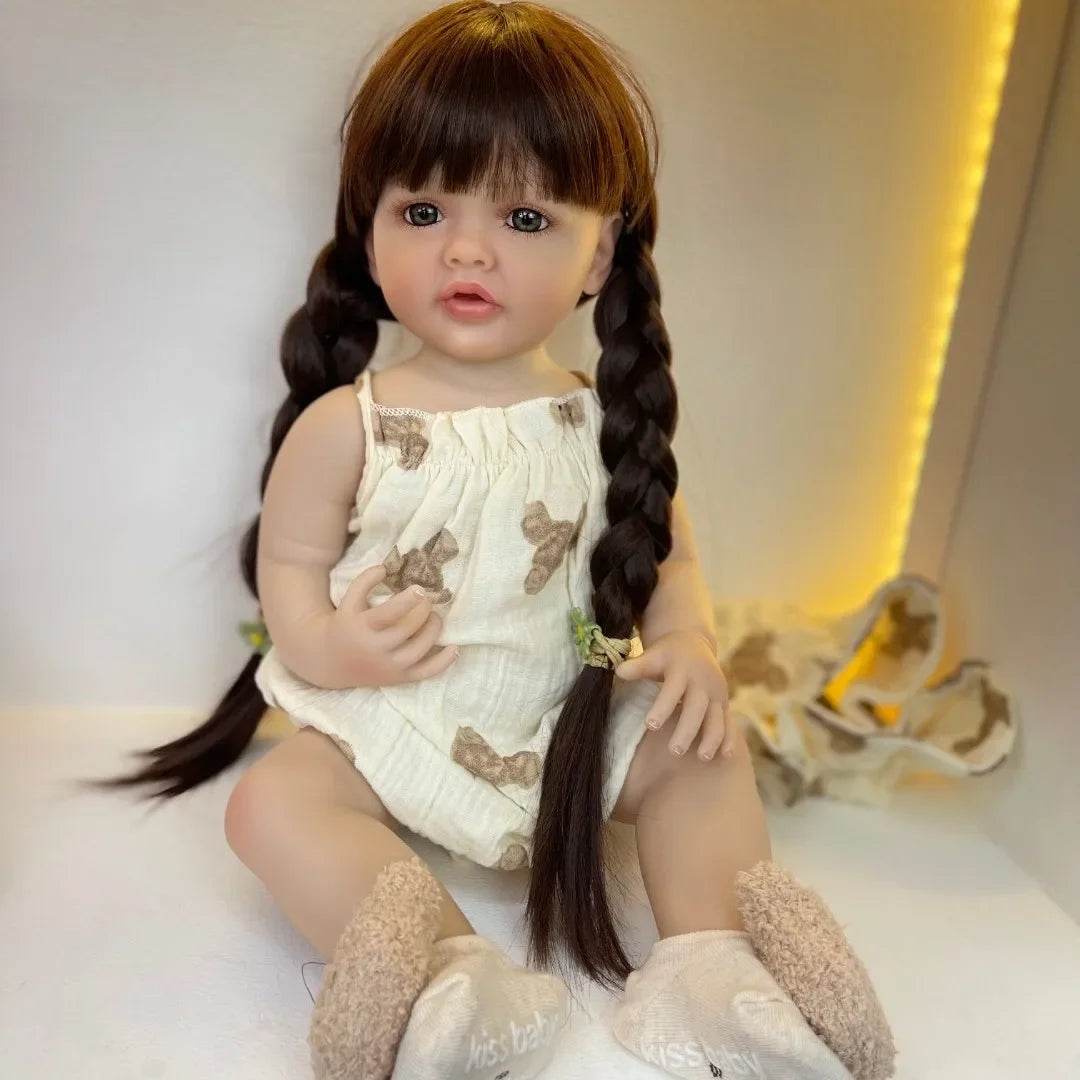 Lifelike Reborn Doll Soft Silicone Long Brown Hair Gift - ToylandEU