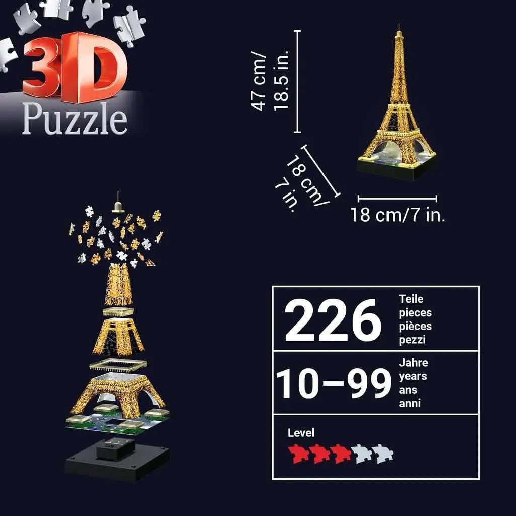 Light Up Eiffel Tower 3D Puzzle With Glow Night Edition - ToylandEU