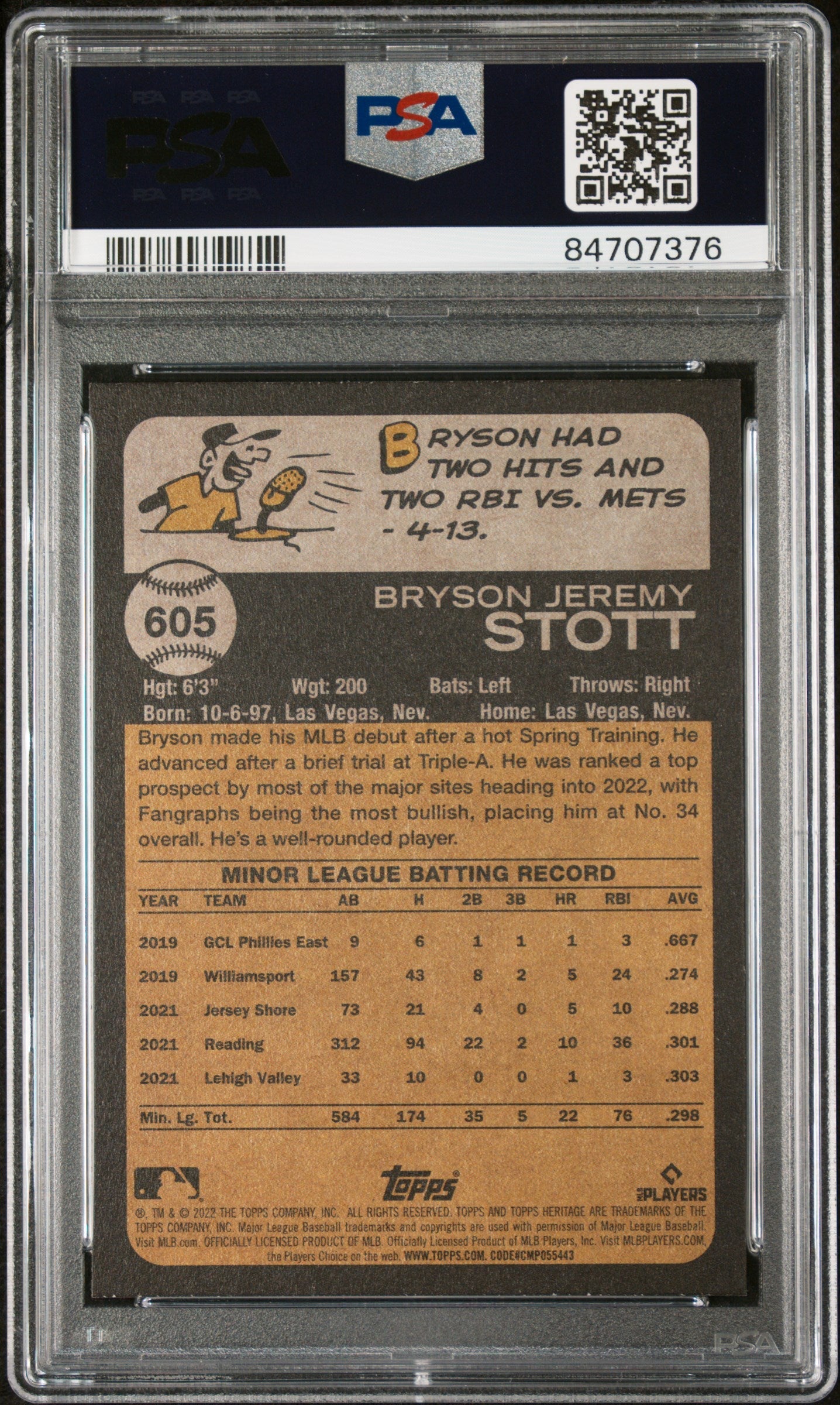 Bryson Stott 2022 Topps Heritage PSA 10 Rookie Card
