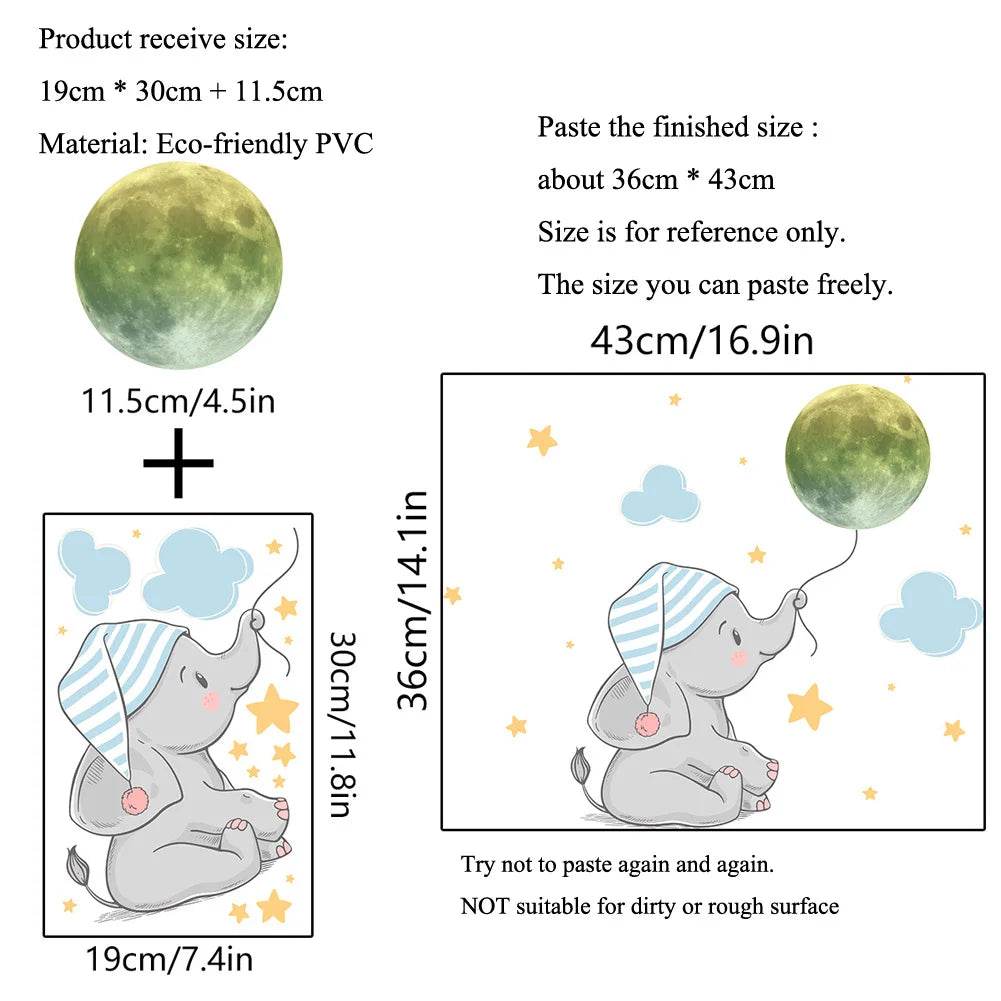 Luminous Wall Sticker Glow In Dark Elephant Moon For Kids - ToylandEU