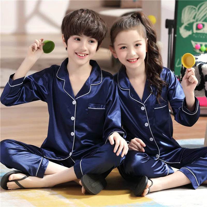 Luxurious Satin Silk Pajama Set Unisex Kids Long Sleeve Silky Loungewear Ages 2 To 14 - ToylandEU