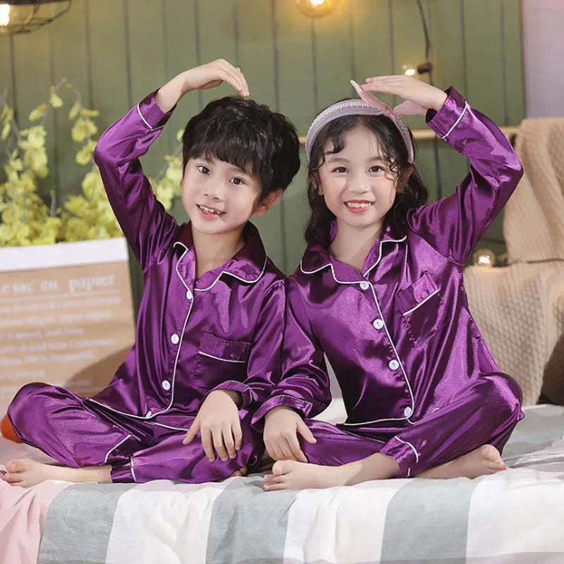 Luxurious Satin Silk Pajama Set Unisex Kids Long Sleeve Silky Loungewear Ages 2 To 14 - ToylandEU