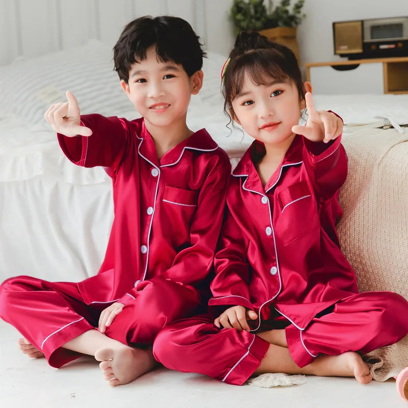 Luxurious Satin Silk Pajama Set Unisex Kids Long Sleeve Silky Loungewear Ages 2 To 14 - ToylandEU