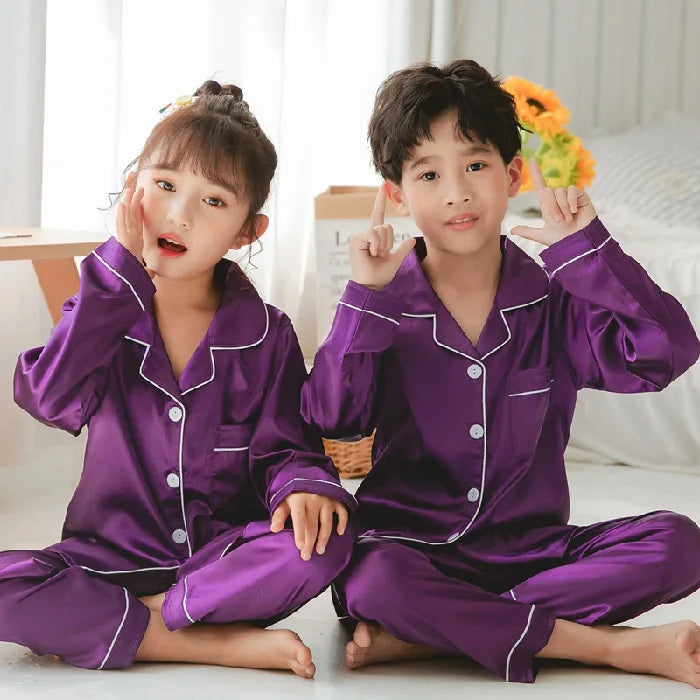 Luxurious Satin Silk Pajama Set Unisex Kids Long Sleeve Silky Loungewear Ages 2 To 14 - ToylandEU