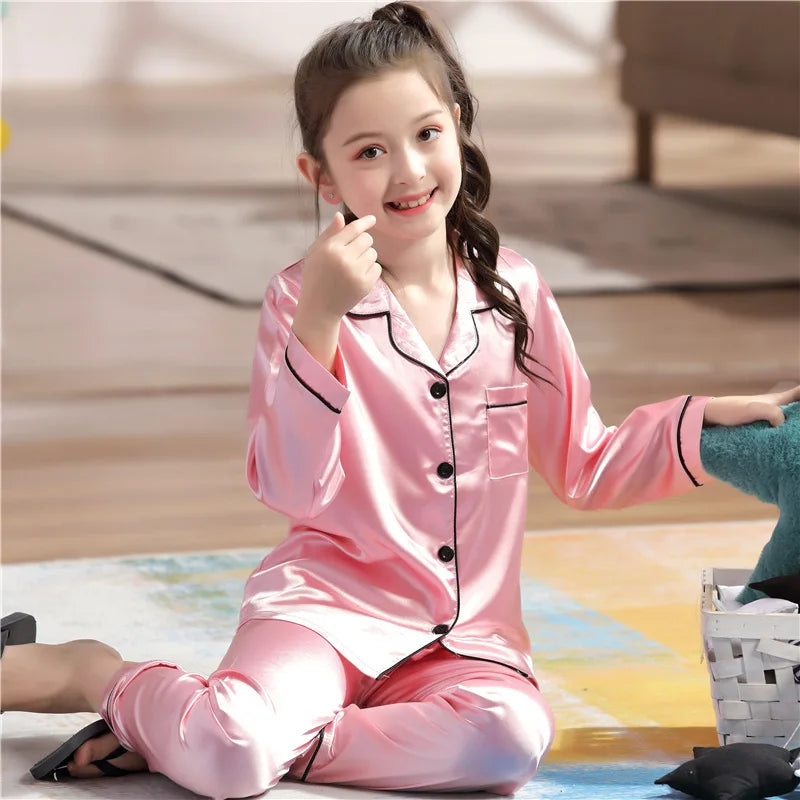Luxurious Satin Silk Pajama Set Unisex Kids Long Sleeve Silky Loungewear Ages 2 To 14 - ToylandEU