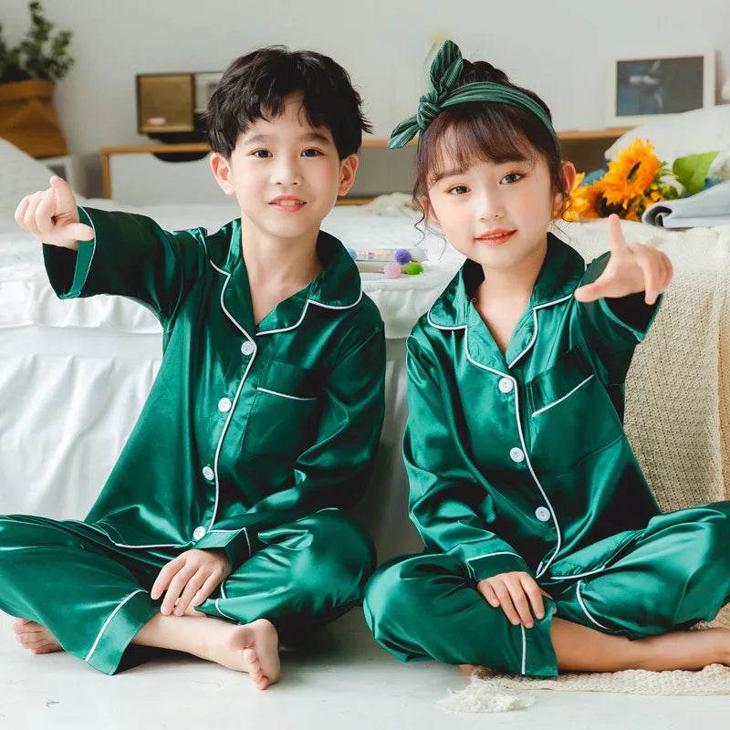 Luxurious Satin Silk Pajama Set Unisex Kids Long Sleeve Silky Loungewear Ages 2 To 14 - ToylandEU