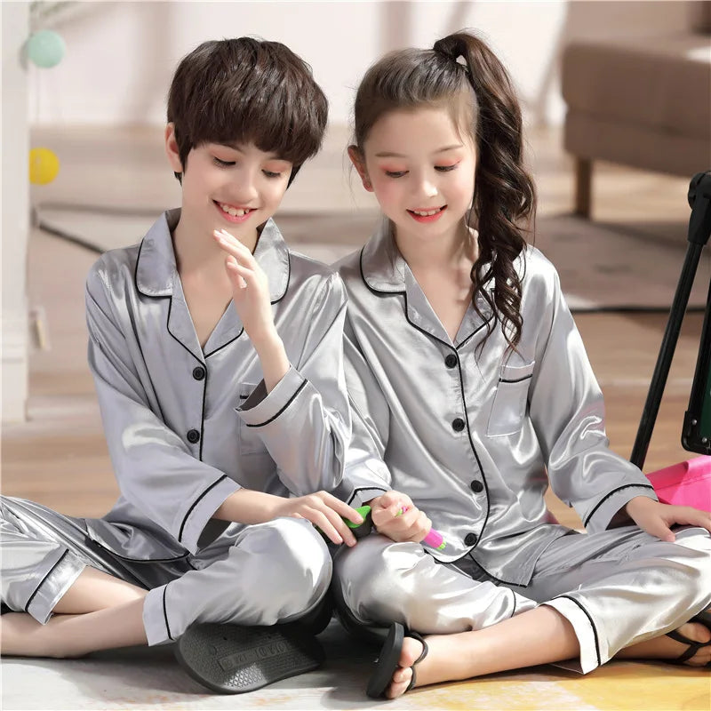 Luxurious Satin Silk Pajama Set Unisex Kids Long Sleeve Silky Loungewear Ages 2 To 14 - ToylandEU