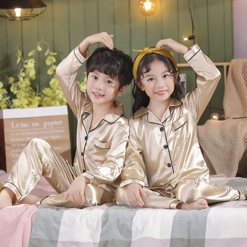 Luxurious Satin Silk Pajama Set Unisex Kids Long Sleeve Silky Loungewear Ages 2 To 14 - ToylandEU