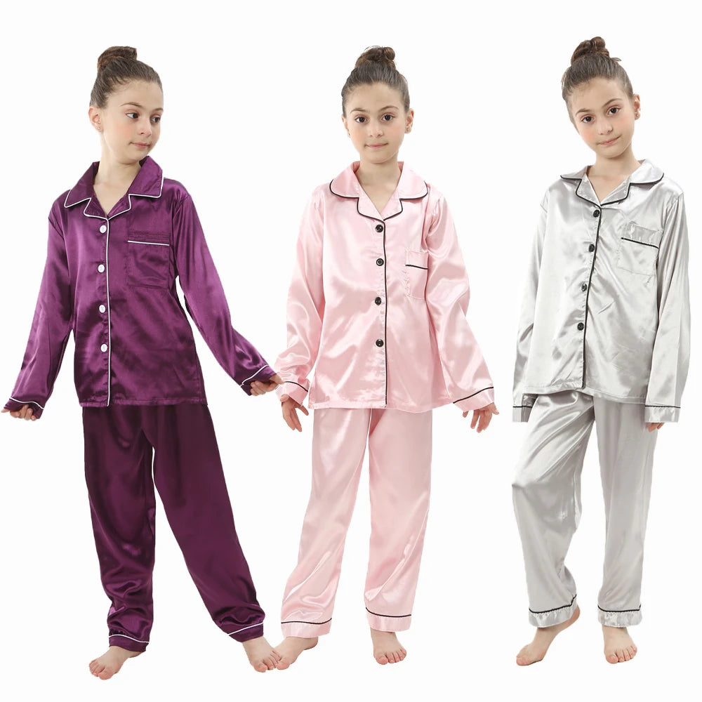 Luxurious Silk Satin Pajama Set For Kids With Turn Down Collar For Boys And Girls Ages 3 To 13 - ToylandEU