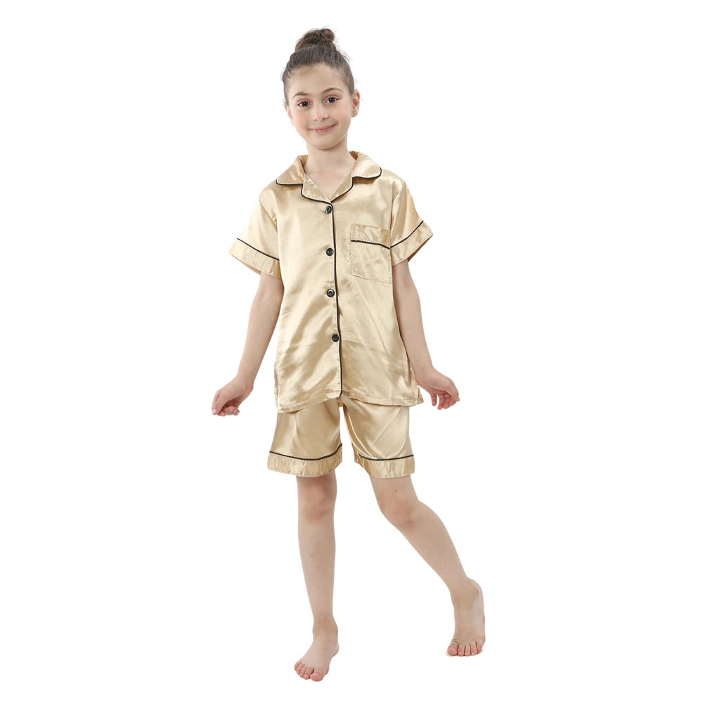 Luxurious Silk Satin Pajama Set For Kids With Turn Down Collar For Boys And Girls Ages 3 To 13 - ToylandEU