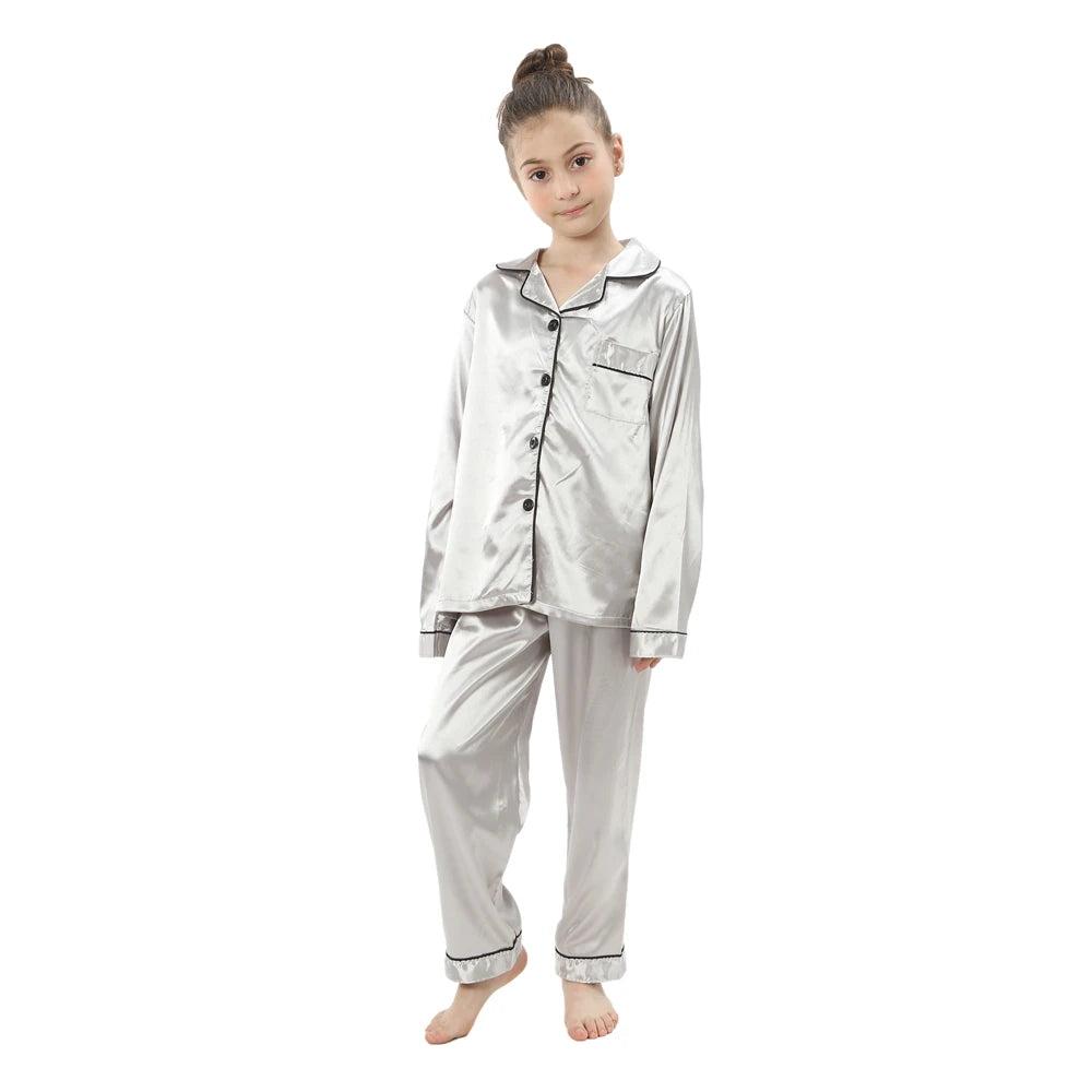 Luxurious Silk Satin Pajama Set For Kids With Turn Down Collar For Boys And Girls Ages 3 To 13 - ToylandEU