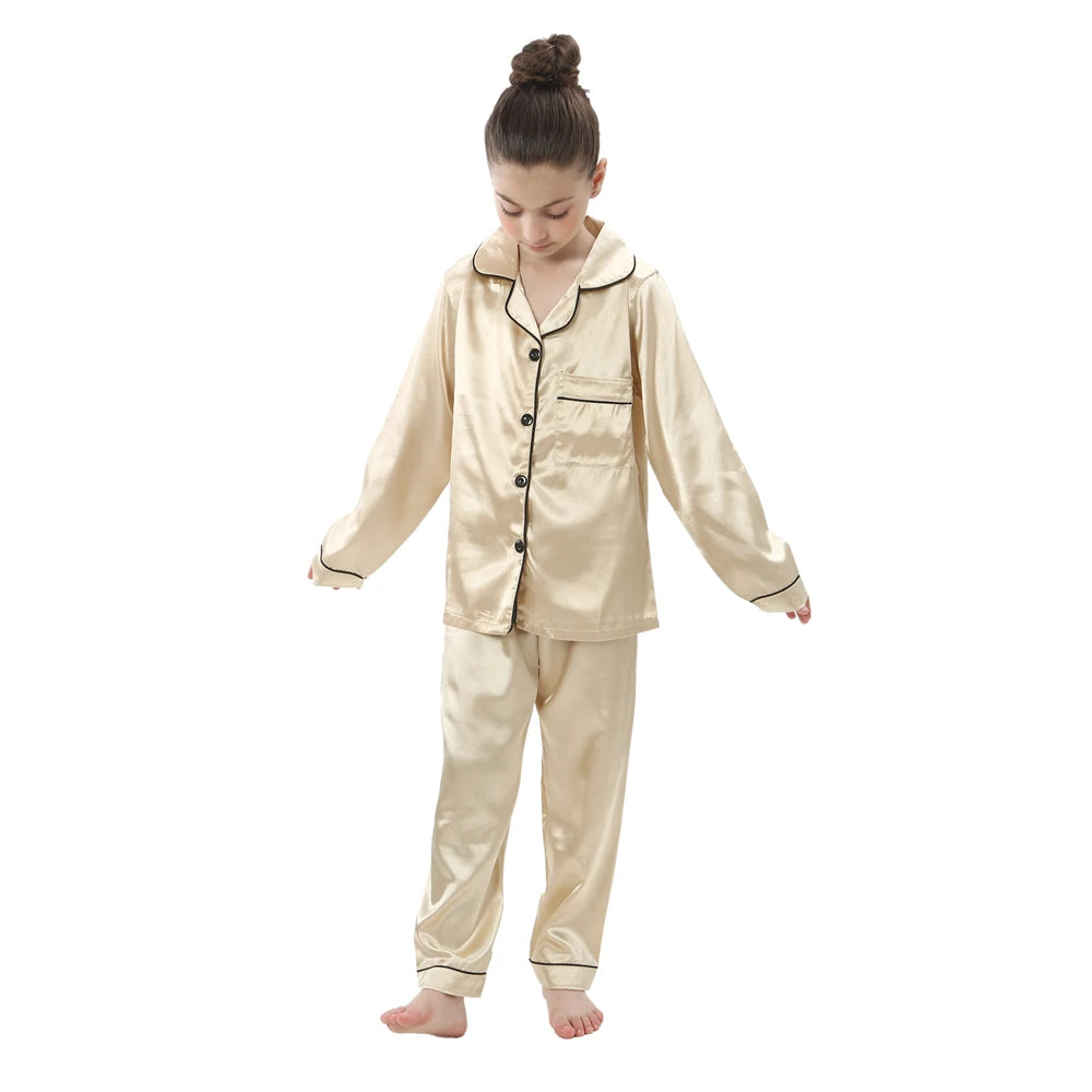 Luxurious Silk Satin Pajama Set For Kids With Turn Down Collar For Boys And Girls Ages 3 To 13 - ToylandEU