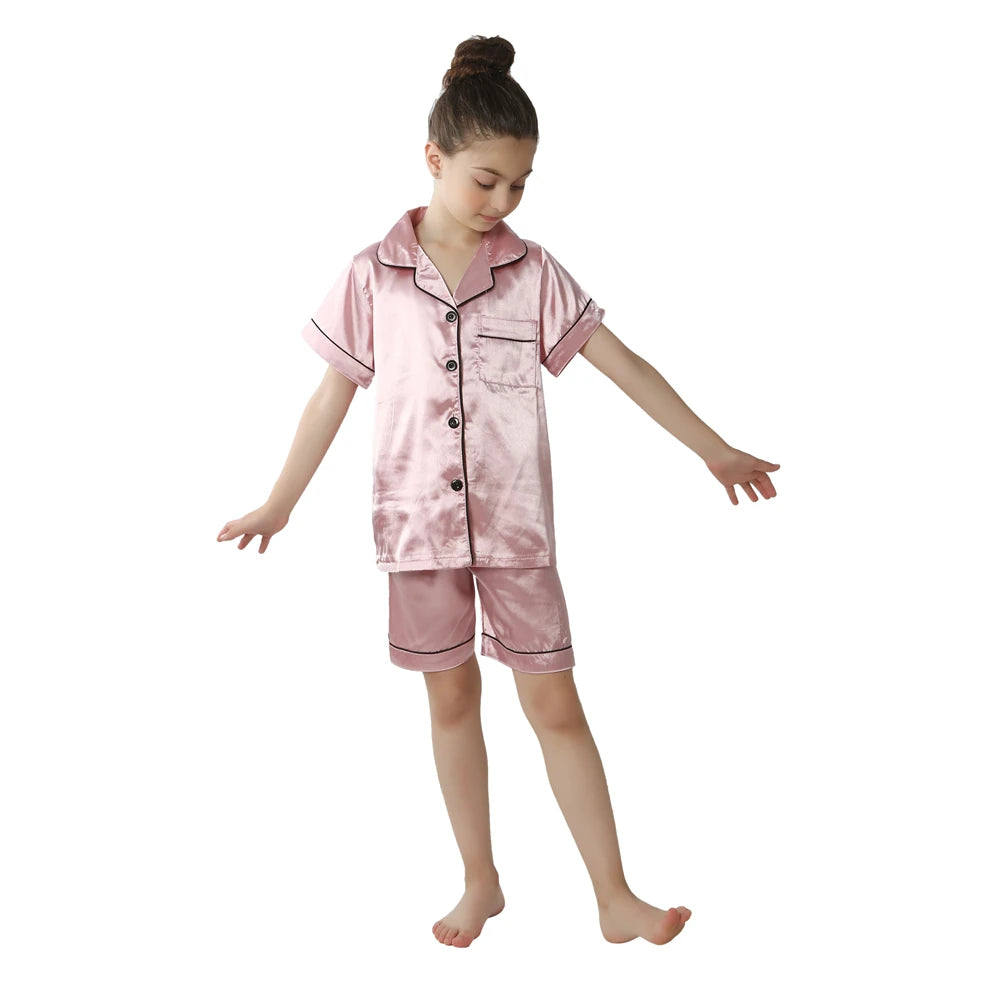 Luxurious Silk Satin Pajama Set For Kids With Turn Down Collar For Boys And Girls Ages 3 To 13 - ToylandEU