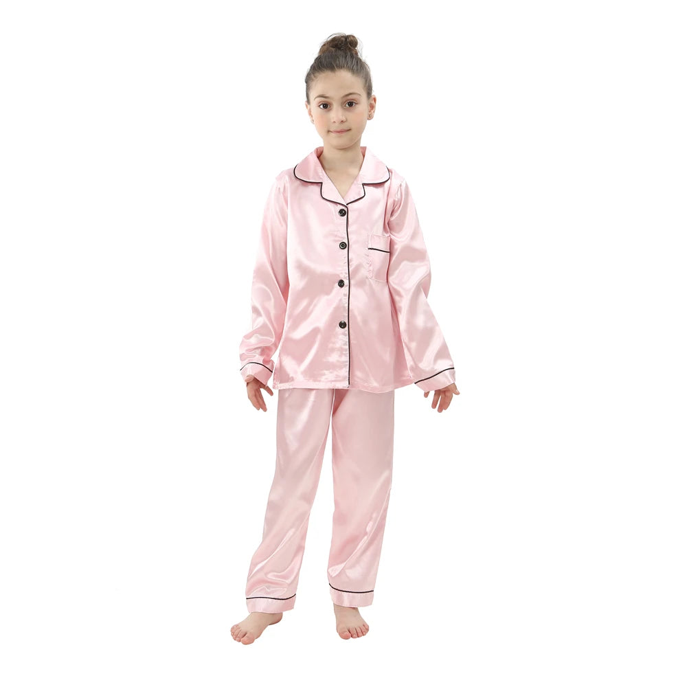 Luxurious Silk Satin Pajama Set For Kids With Turn Down Collar For Boys And Girls Ages 3 To 13 - ToylandEU