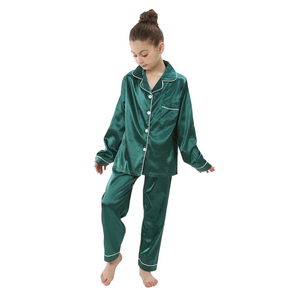 Luxurious Silk Satin Pajama Set For Kids With Turn Down Collar For Boys And Girls Ages 3 To 13 - ToylandEU