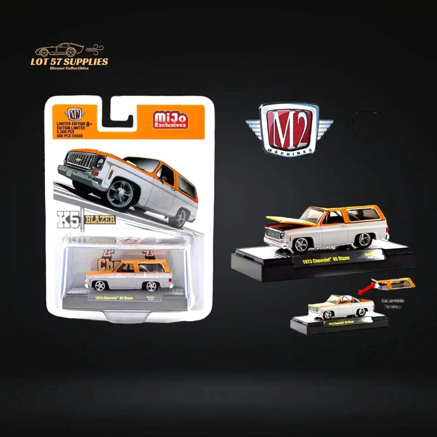 M2 Machines 1973 Chevrolet K5 Blazer With Removeable Hardtop - Orange/White 1:64 - ToylandEU